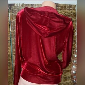 Lux Y2K Vintage NY JEANS Red Velvet Velour Hooded Track Jacket Full Zip Sz L